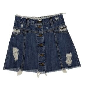Carmar Adrian Distressed Denim Button Front Mini Skirt 24 Frayed Y2K‎ Festival